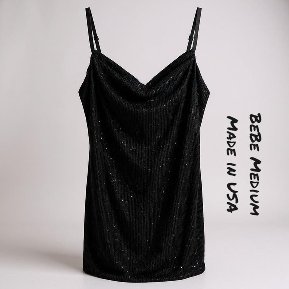 BEBE Vintage Medium Black Sequin Stretch Pull Over Pencil Dress Glam Made IN USA - Picture 1 of 9